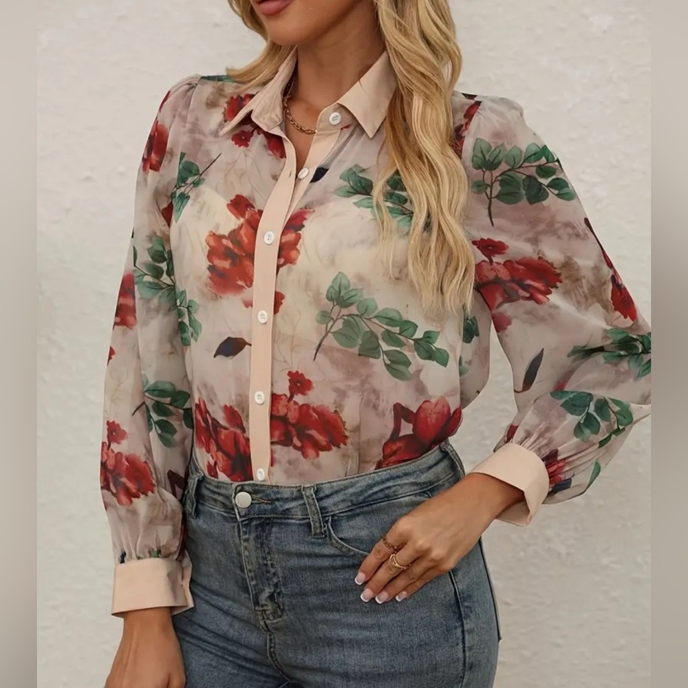 Floral Button-Down Blouse | Lightweight Slightly Sheer Long Sleeve Collared Top - Picture 2 of 4